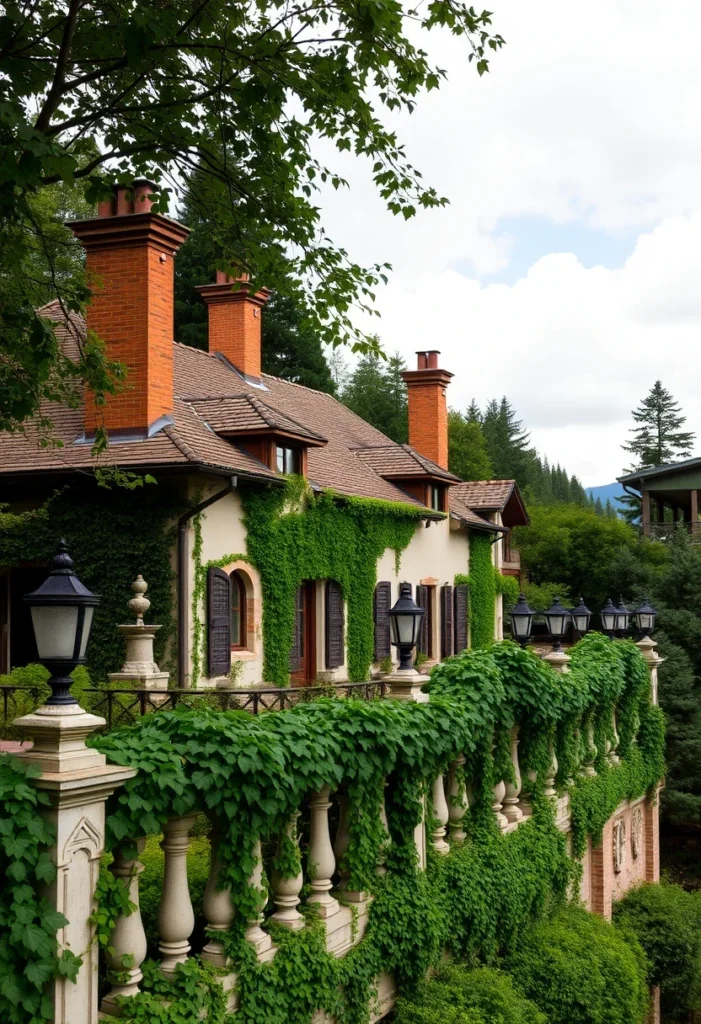 Ivy-clad Italian countryside home with traditional Tuscan style, featuring an elegant terrace and hillside setting.