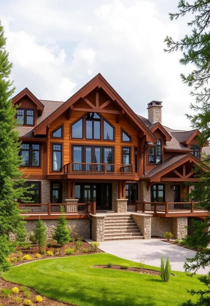 A large wooden mountain home with a stone base, a large central window, and a driveway leading up to it.