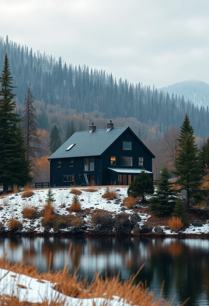 Black countryside house at sunset with a vibrant sky and warm interior glow.