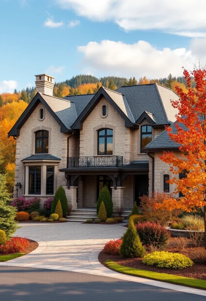 Beautifully landscaped garden with seasonal flowers and autumn leaves enhancing the front of a stone mansion, creating an inviting and colorful atmosphere.