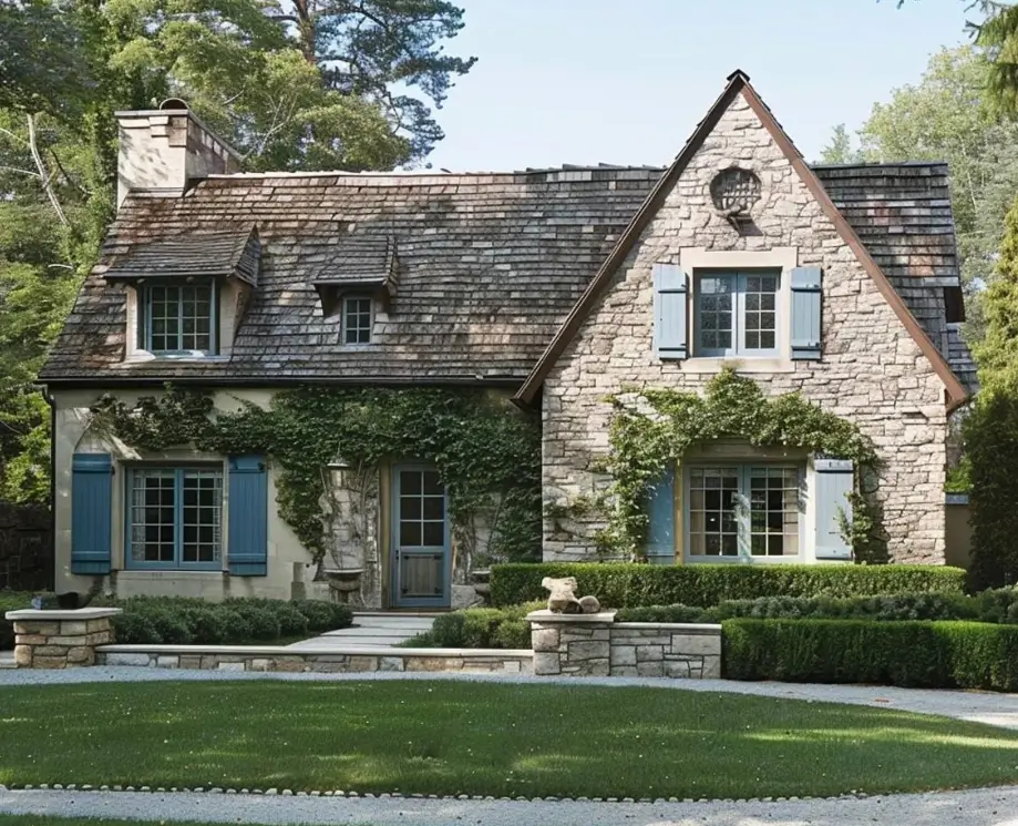 An elegant stone cottage with a plaster wing, blue shutters, and a manicured lawn.