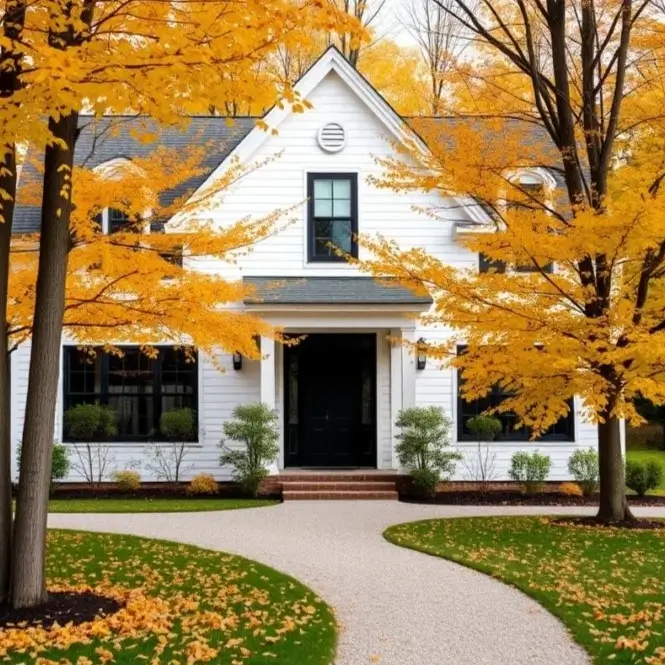 A modern white farmhouse with a black front door, framed by trees with brilliant yellow autumn leaves, and a light gravel path curving through the lawn.