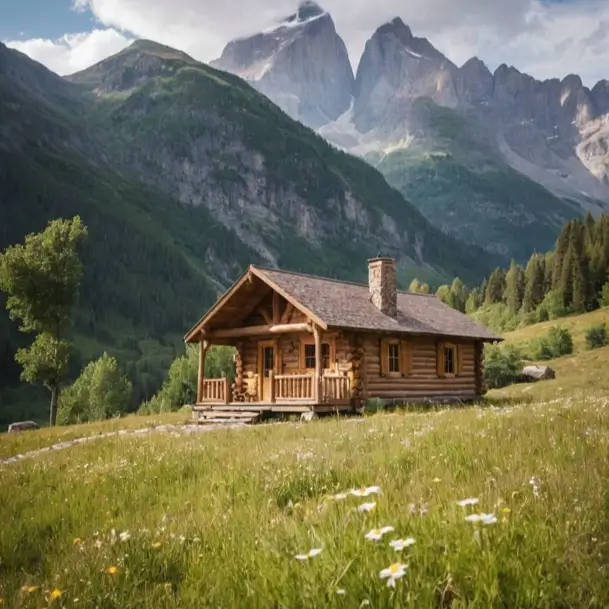 60 Charming Small Log Cabin Ideas to Inspire Your Rustic Retreat 21 A classic small log cabin sitting in a wildflower meadow with dramatic, jagged mountain peaks in the background.