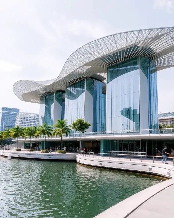 A waterfront building architectural idea with tall glass columns supporting a dramatic, sweeping wave-like canopy.