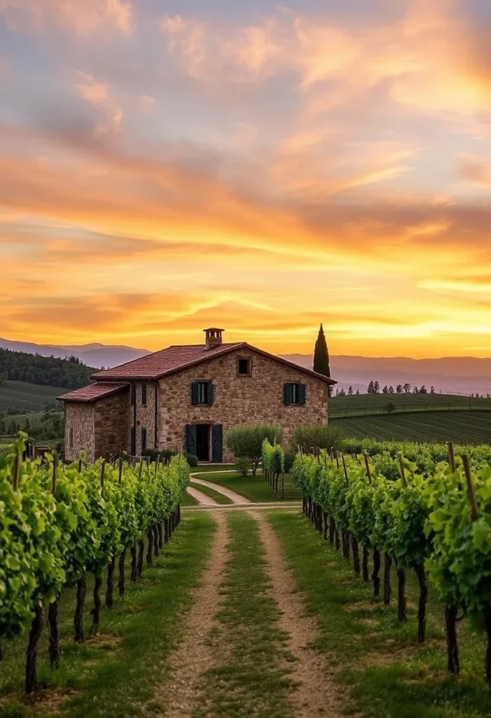 Traditional Tuscan style home nestled among vineyards, showcasing classic Italian countryside architecture at sunset.