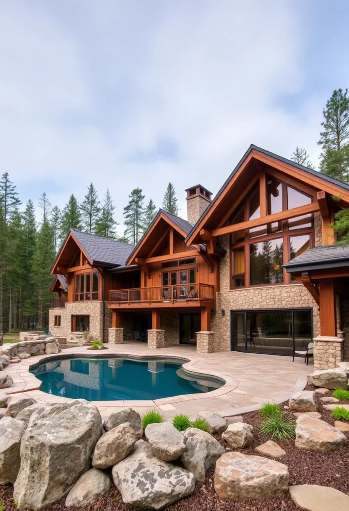 Rear exterior view of a luxury mountain home with a large pool, stone patio, and forested backdrop.