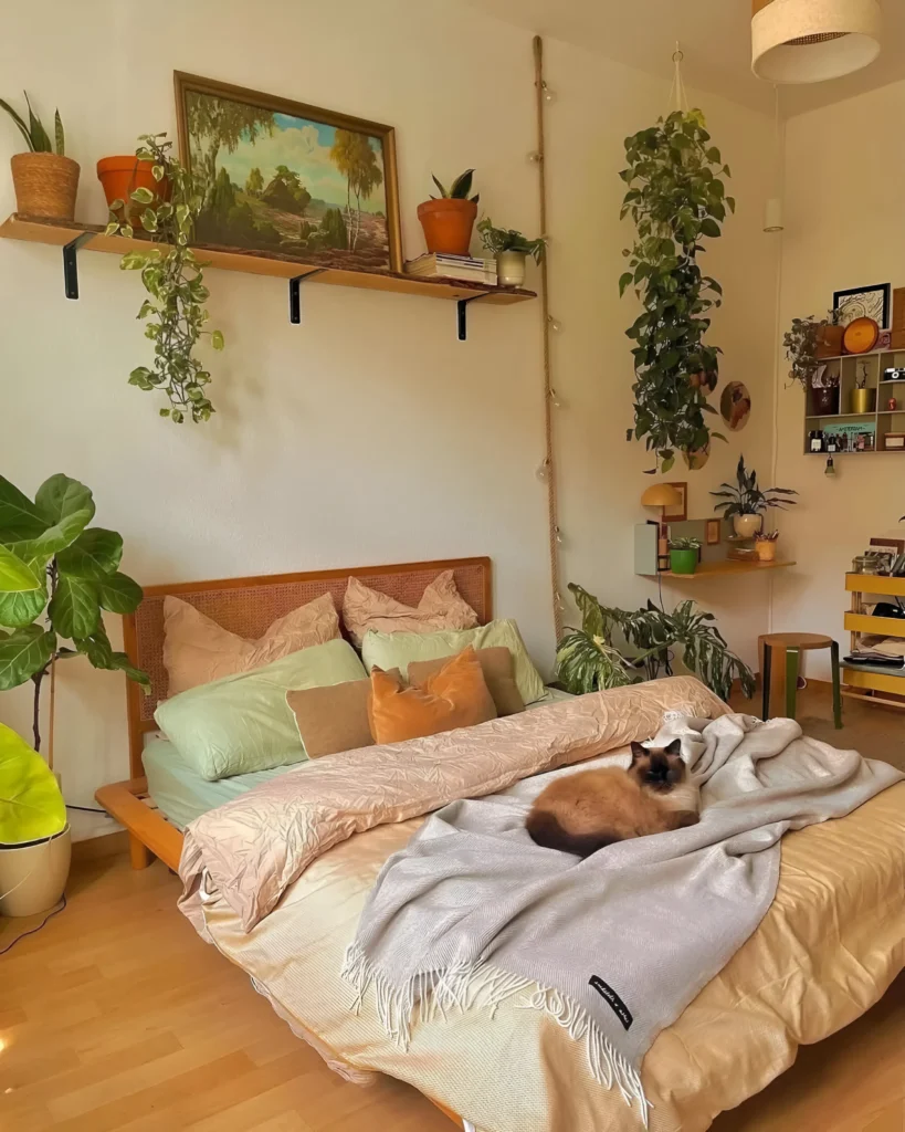 Bedroom with many plants.