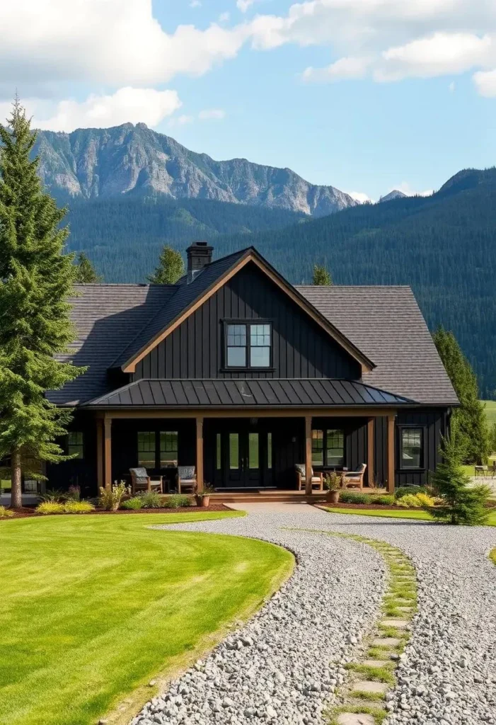 Black house with warm glowing windows at dusk