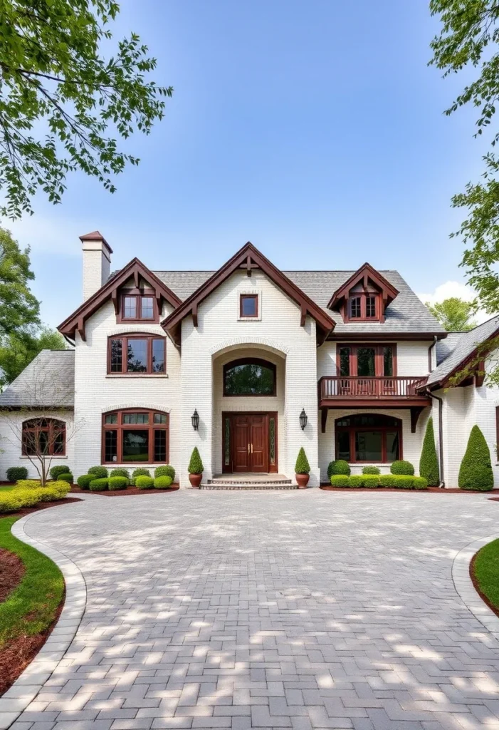 White brick Craftsman manor with dark wood accents