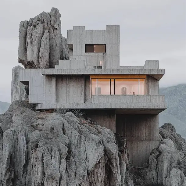 A multi-level concrete brutalist house appearing to grow out of a dramatic, craggy rock formation, blurring the line between architecture and nature.