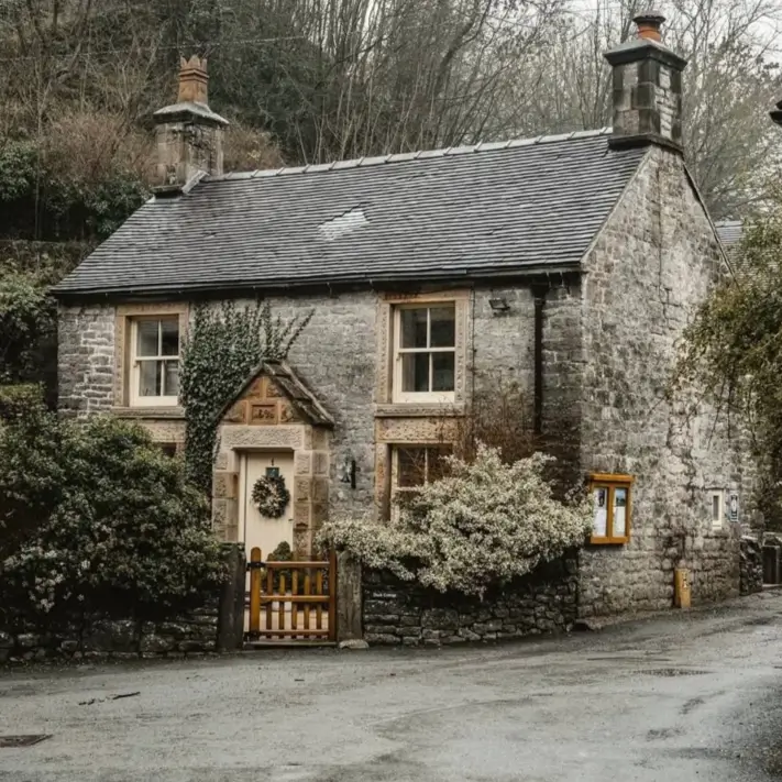 A gray stone cottage on a street corner with a slate roof and cream-colored window frames.