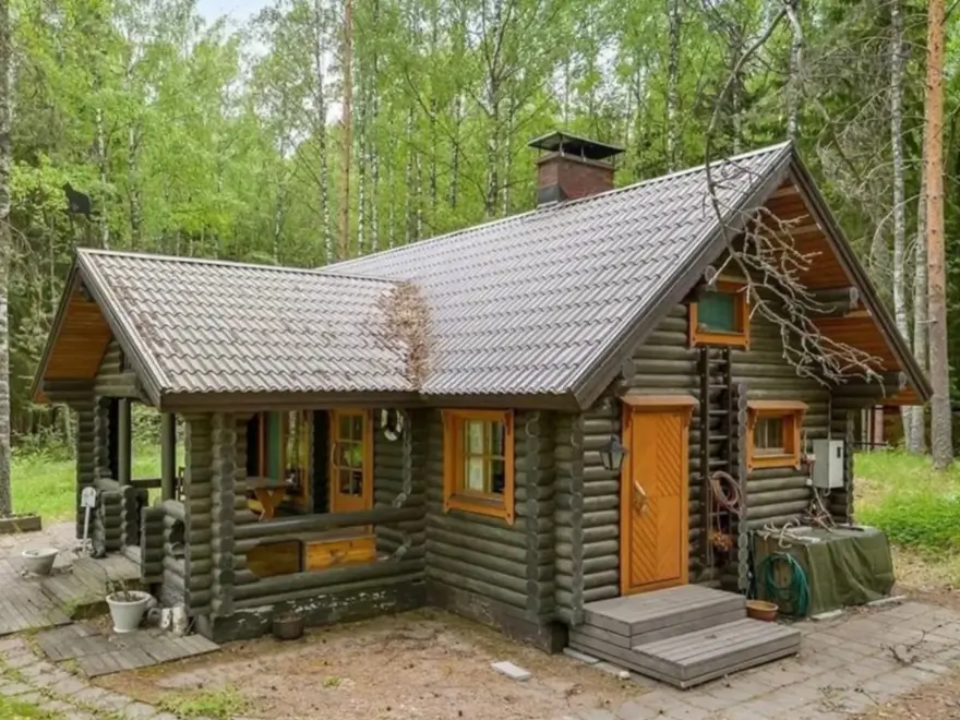 60 Charming Small Log Cabin Ideas to Inspire Your Rustic Retreat 4 A small log cabin design with a dark stain, a gray tiled roof, and light wood trim in a forest.