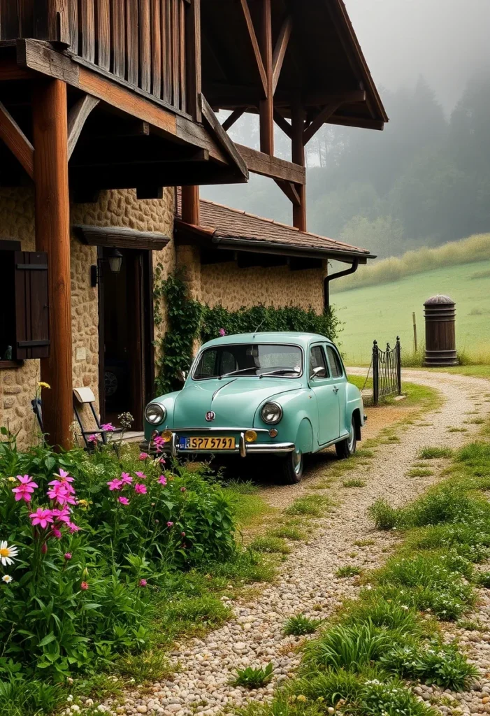 Rustic Italian countryside home with traditional Tuscan style, featuring a vintage car and charming wildflower garden.