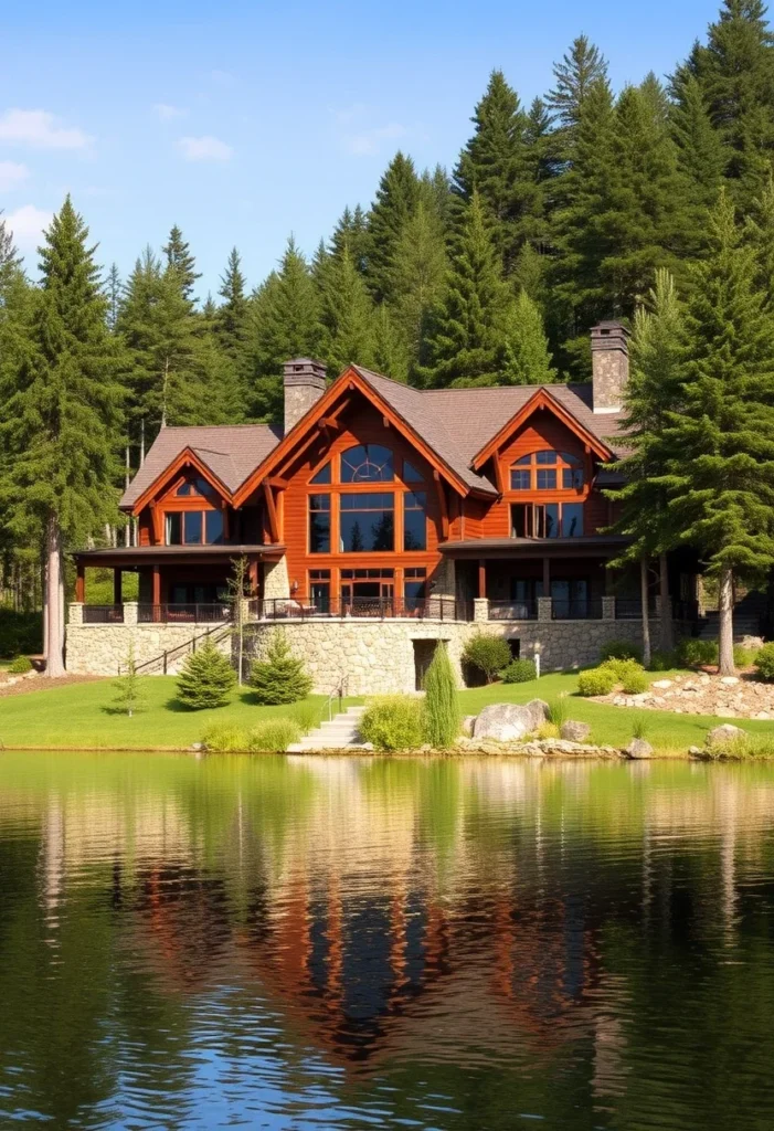 A wooden mountain home with stone accents, reflected in a still lake surrounded by tall trees.