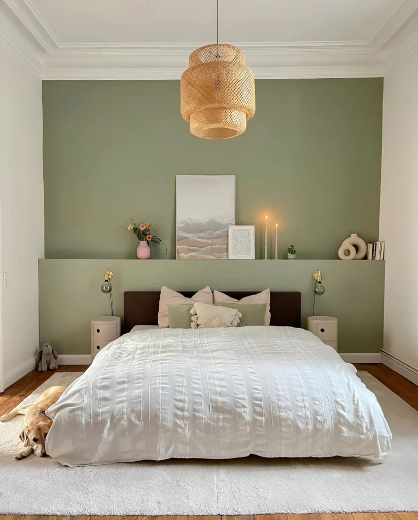 Bedroom with calming green wall.