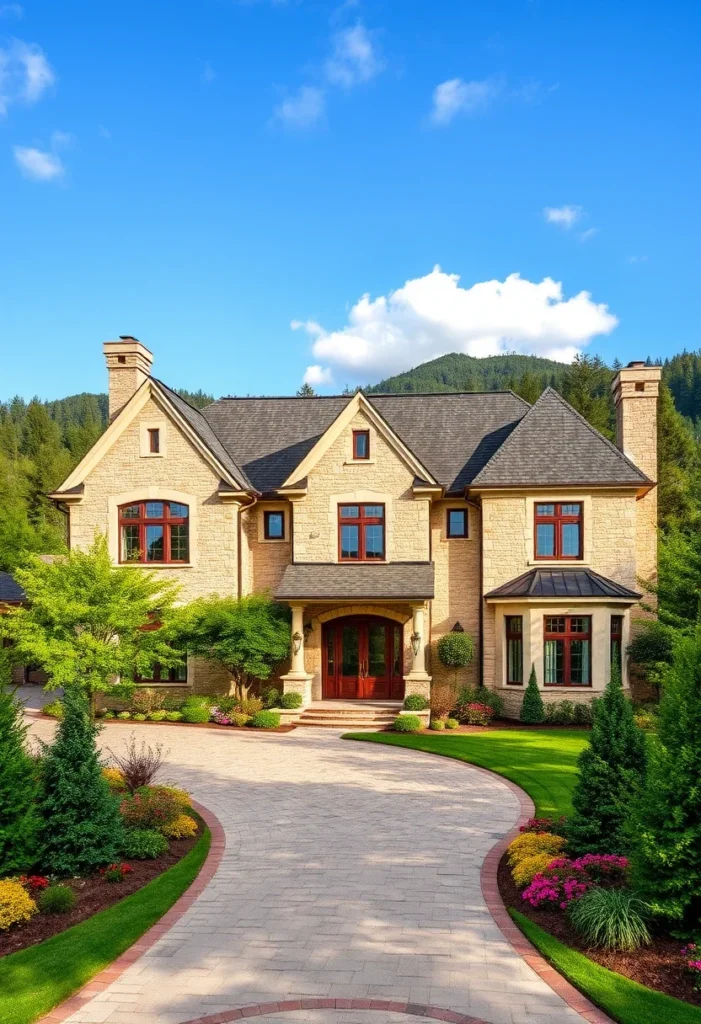 A stone mansion with red-framed windows and a lush garden, showcasing vibrant contrast against the neutral facade.