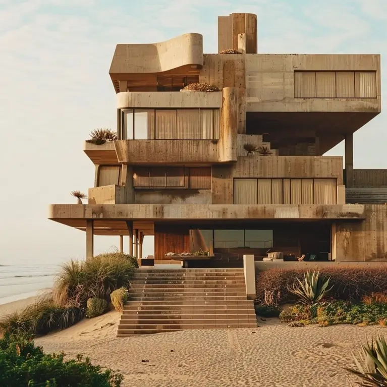 A complex, multi-level brutalist house of weathered concrete, with stacked and cantilevered balconies overlooking a sandy beach at sunset.