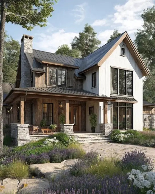 A modern country house design blending rustic wood and stone with light siding and large, dark-framed windows.