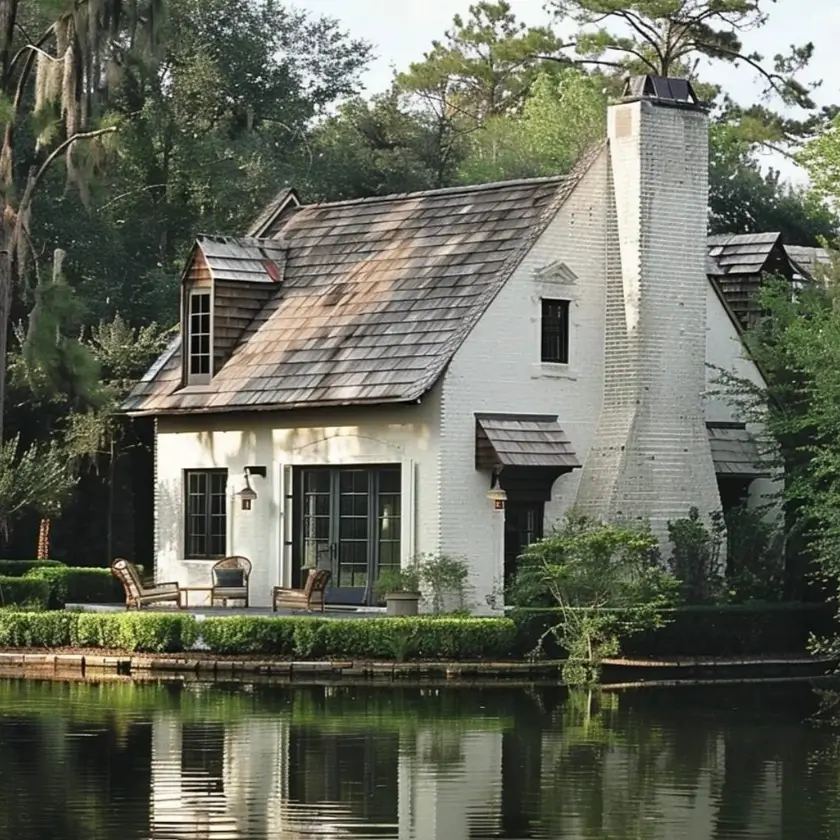 A white painted stone cottage with a wood-shingle roof sitting on the edge of a calm lake.