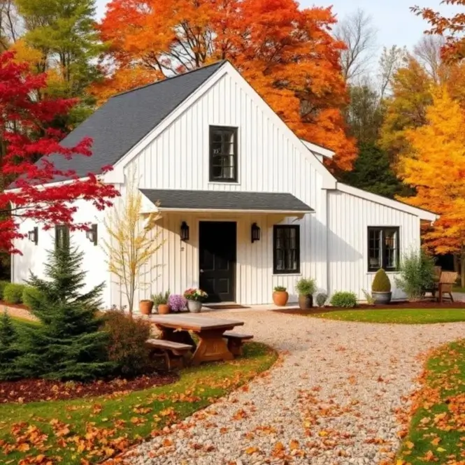A simple modern white farmhouse with vertical siding and a black door, surrounded by brilliant red and orange autumn trees and a gravel driveway.