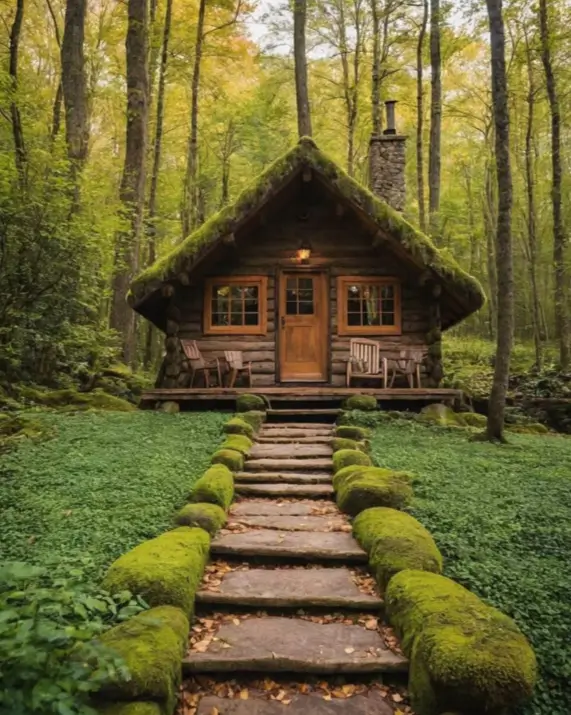 60 Charming Small Log Cabin Ideas to Inspire Your Rustic Retreat 22 A moss-covered small log cabin with a stone path leading to the front door in a lush, green forest.