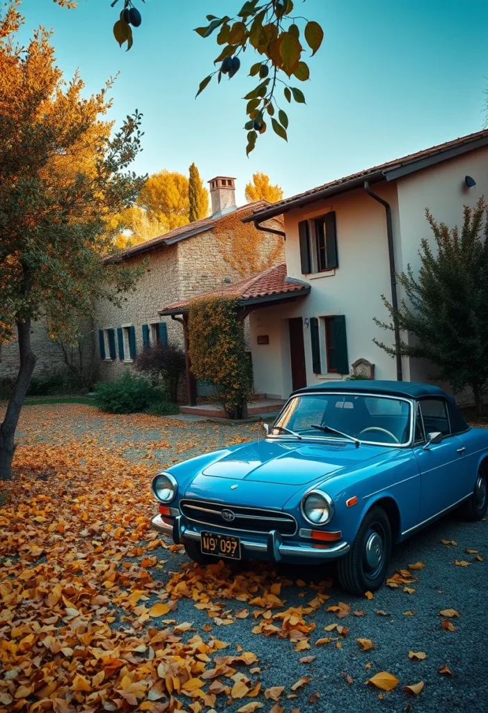 Classic Italian countryside home with traditional Tuscan style, featuring a vintage convertible and autumn foliage.