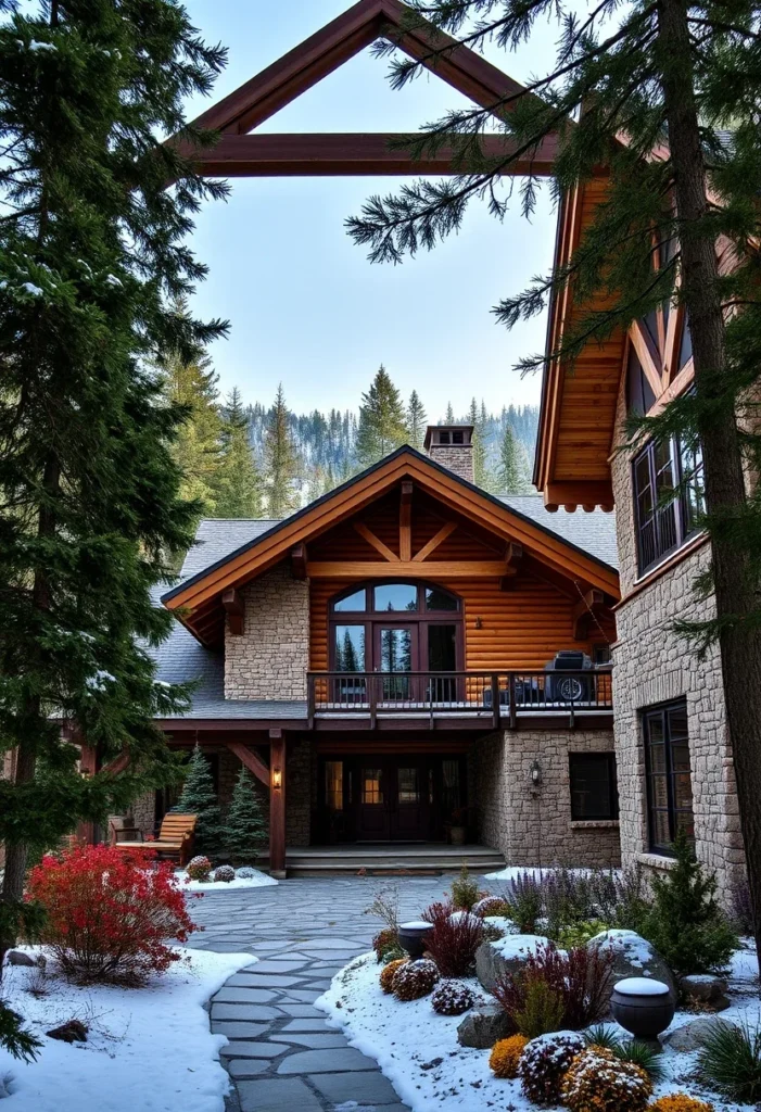 Stone and wood home in winter forest.