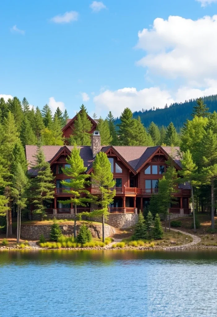 A large wooden mountain home with a stone base, nestled amongst trees beside a lake.