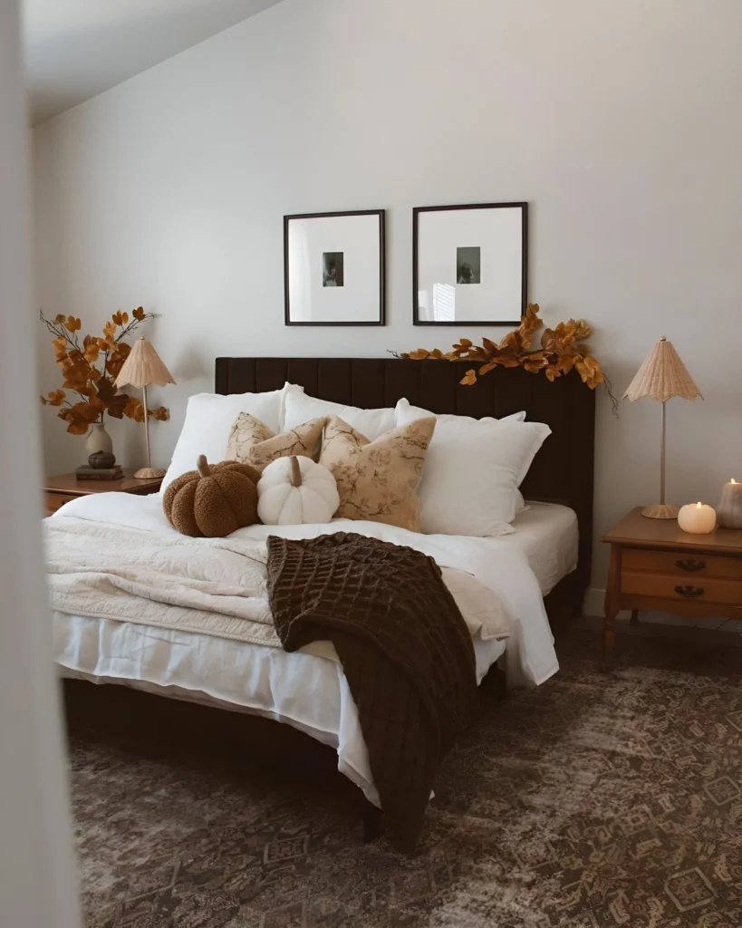 Autumn-themed bedroom with pumpkins.