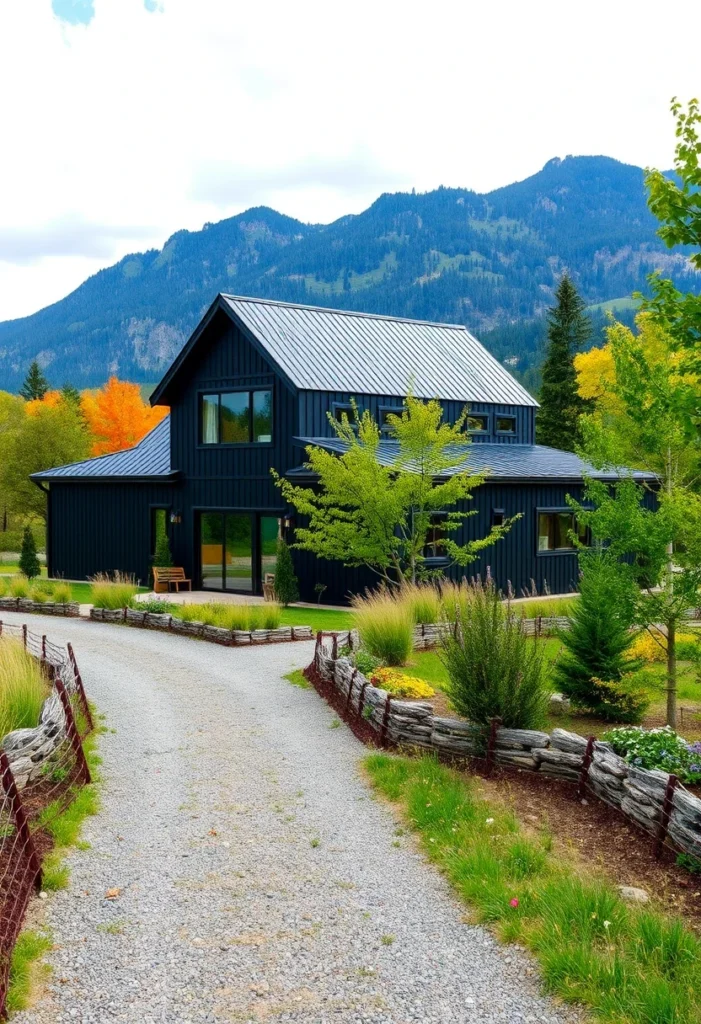 Black countryside house with wraparound porch, tiered landscaping, and lush greenery.