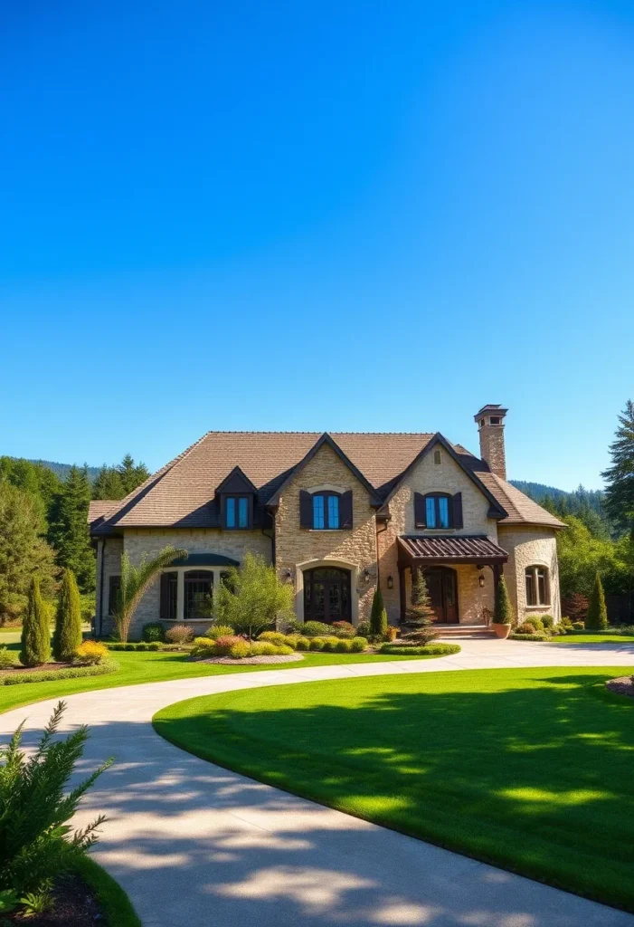 A stone mansion with dark shutters that contrast against the light exterior, surrounded by lush landscaping and a clear sky.