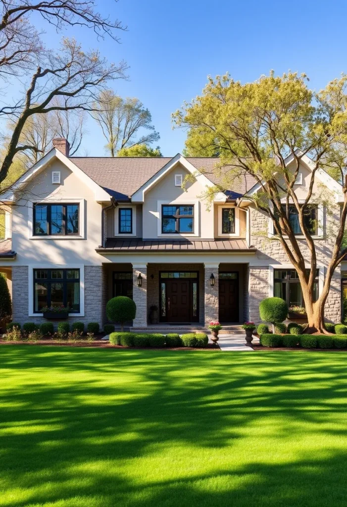 Craftsman with stone accents, neutral colors