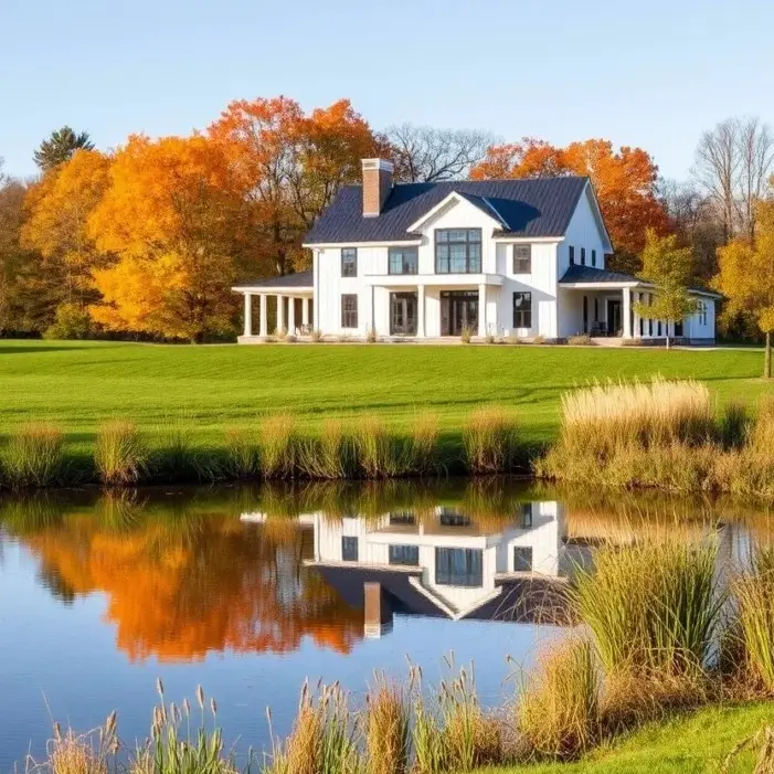 A modern white farmhouse with large black-framed windows reflected in a pond, set on a bright green lawn with orange autumn trees in the background.