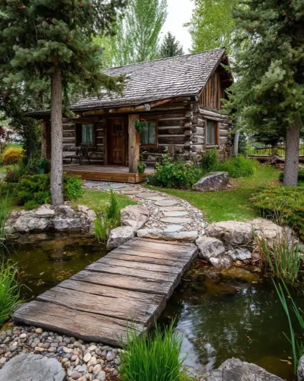 Small Log Cabins: 36 Ideas for Cozy Living & Enduring Charm 24 A small rustic log cabin with a wooden bridge crossing a small pond in a lush garden setting.