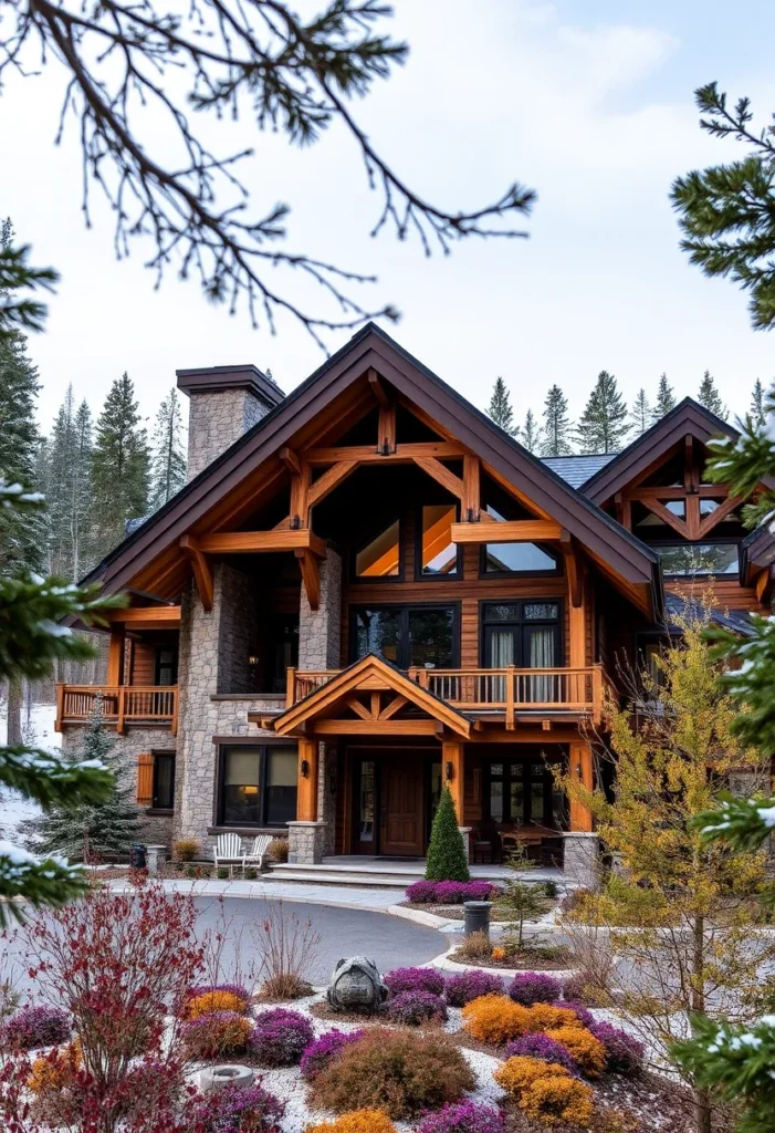 Timber frame home in winter.