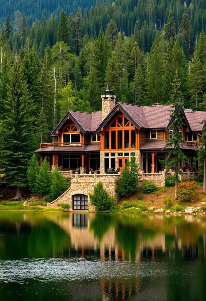  A large wooden mountain home with a stone base and a garage opening facing a reflective lake surrounded by tall trees.