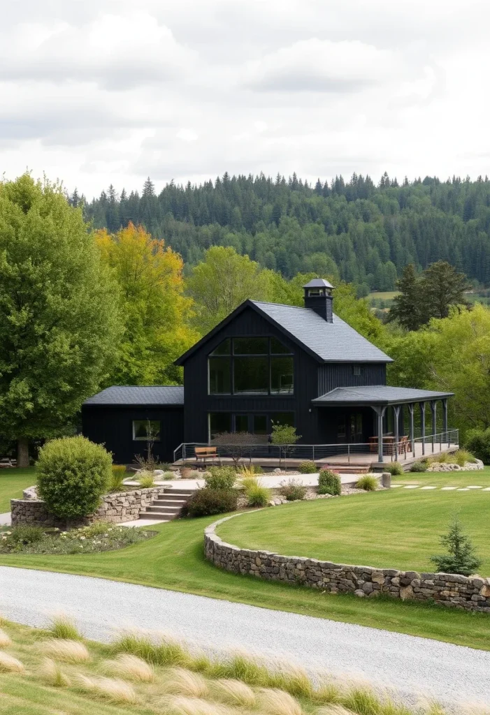 Black countryside house by a lake with lush greenery and serene surroundings.