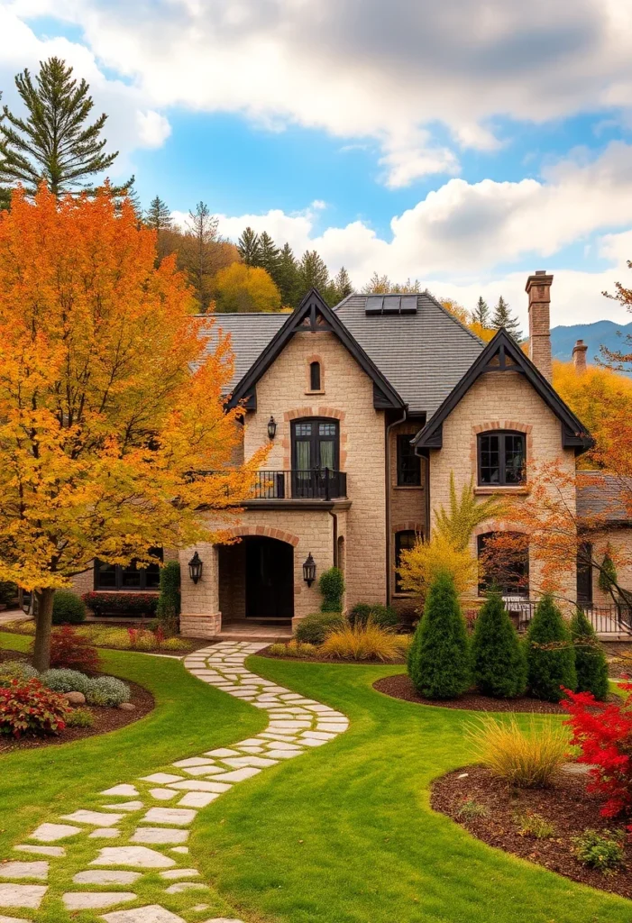 A stone pathway leading to a mansion with lush landscaping and autumn trees.