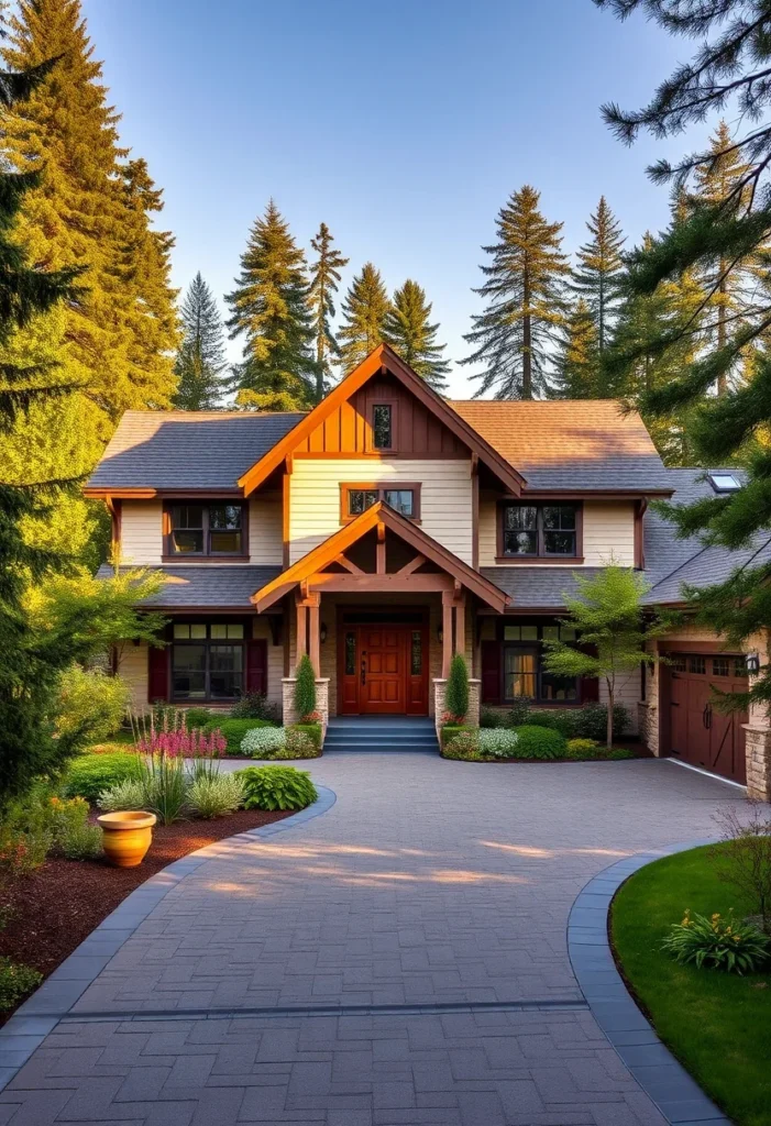 Craftsman home with warm wood tones, covered entry