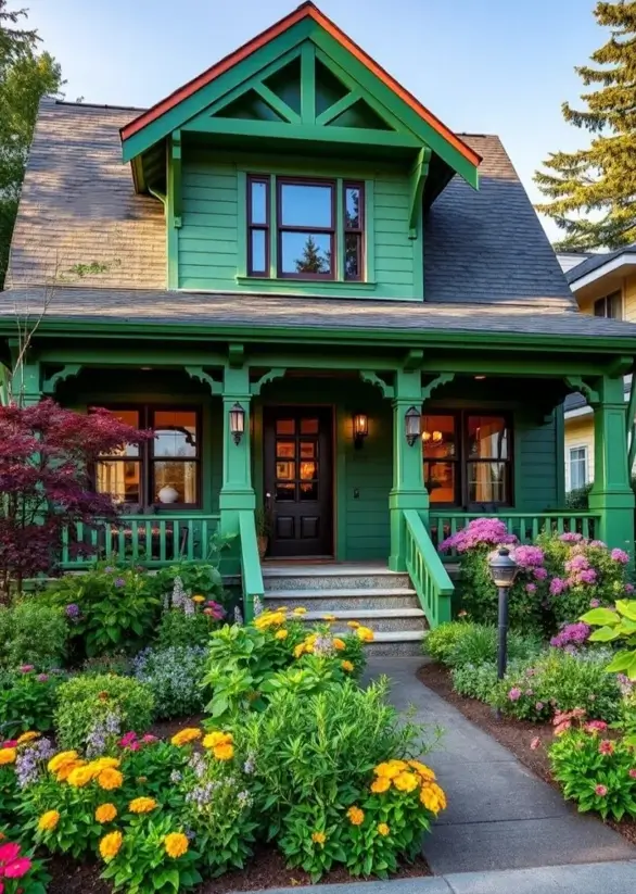 A vibrant kelly green craftsman house exterior with a matching porch, decorative trim, and a lush, colorful front garden.