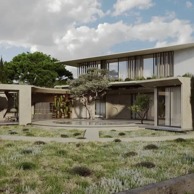 A striking modern country house design built around a central courtyard with a pool and a large olive tree.