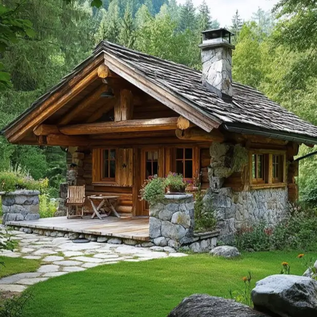 Small Log Cabins: 36 Ideas for Cozy Living & Enduring Charm 25 A small rustic log cabin with a stone base and patio, nestled in a lush green forest.