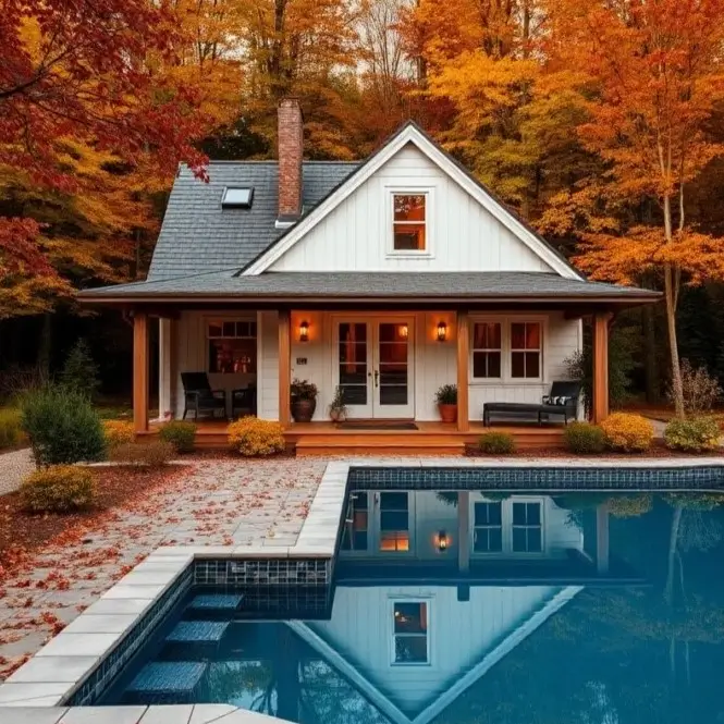 A cozy white farmhouse cottage with a wood porch, reflected in a pool at dusk, surrounded by vibrant red and orange autumn foliage.