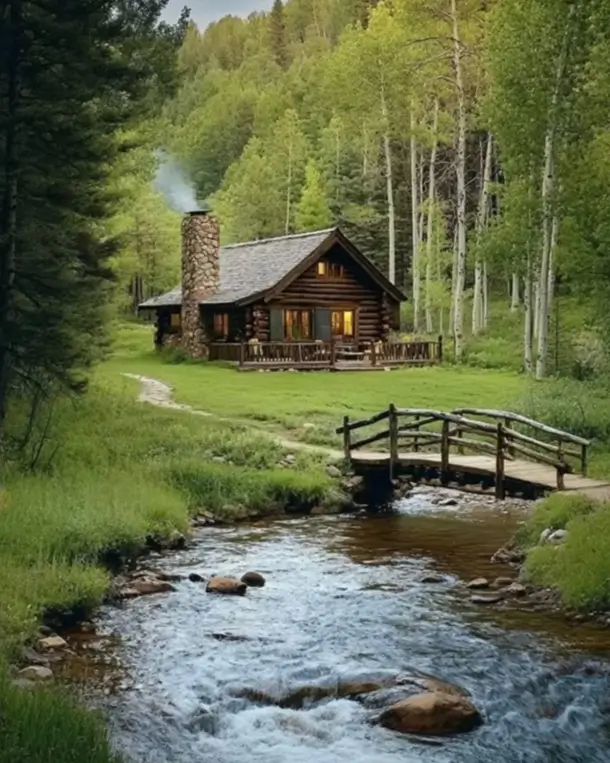 60 Charming Small Log Cabin Ideas to Inspire Your Rustic Retreat 24 A small log cabin with a smoking chimney nestled in the woods next to a flowing creek with a wooden bridge.