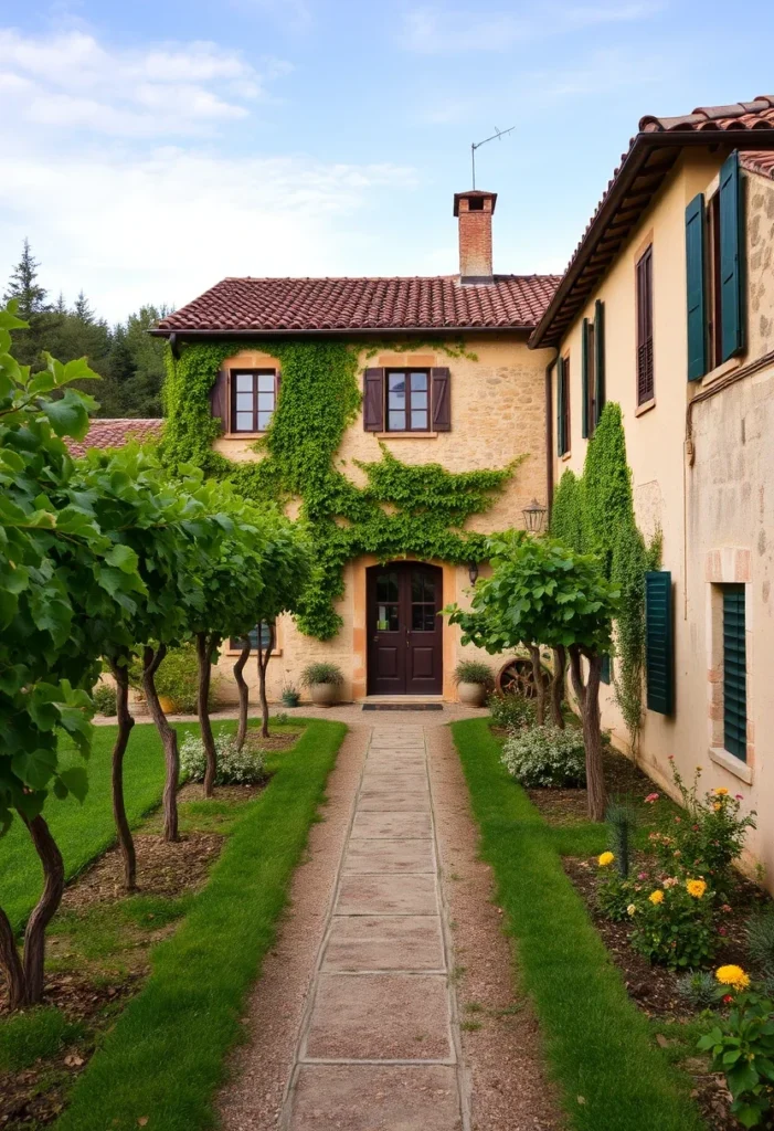 Charming Italian countryside villa with traditional Tuscan style, featuring a vineyard-lined pathway and vine-adorned facade.