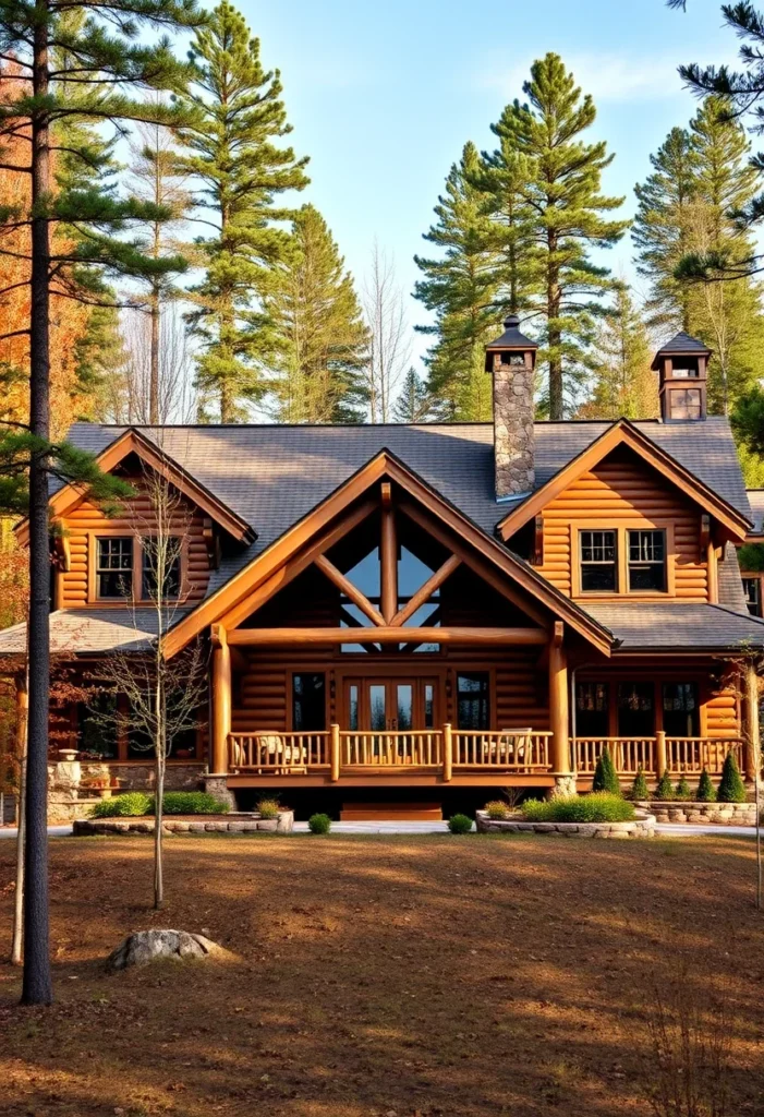 Log cabin in sunny forest.