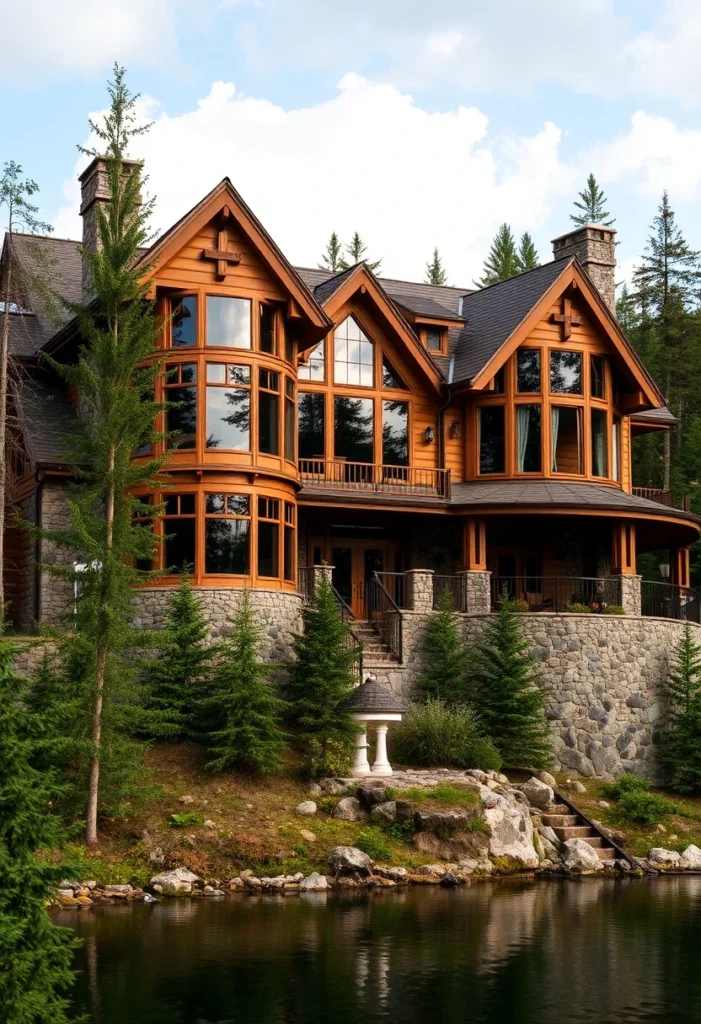 A large wooden mountain home with a stone base, large windows, and a partially covered patio overlooking a body of water