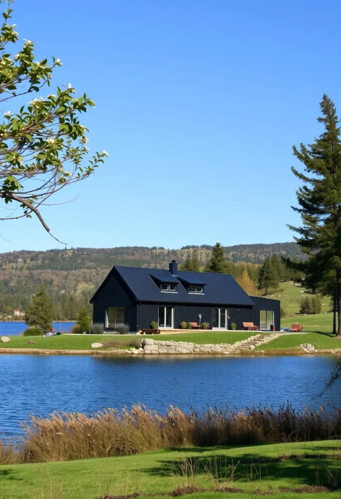 Black house by a lake with fall foliage and lush greenery.