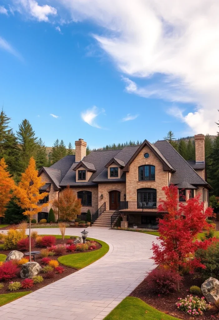 Seasonal red and orange trees surround the entrance of a mansion with a beautifully landscaped front yard.