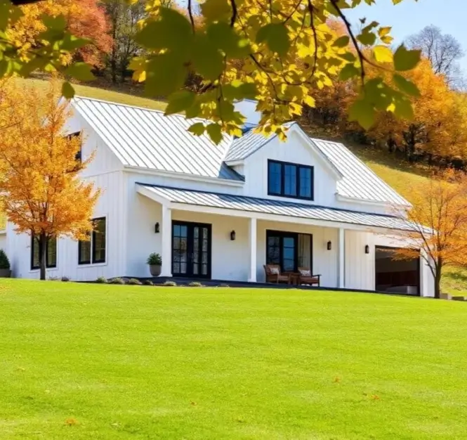 A modern white farmhouse with a light metal roof, set on a bright green hill and framed by yellow-leaved branches, with a backdrop of colorful autumn trees.